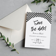 Racing-Themed Birthday Invitation | Editable Digital Invitation | Black and White Checkered Flag Design