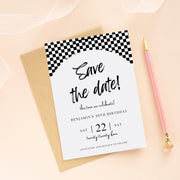 Racing-Themed Birthday Invitation | Editable Digital Invitation | Black and White Checkered Flag Design