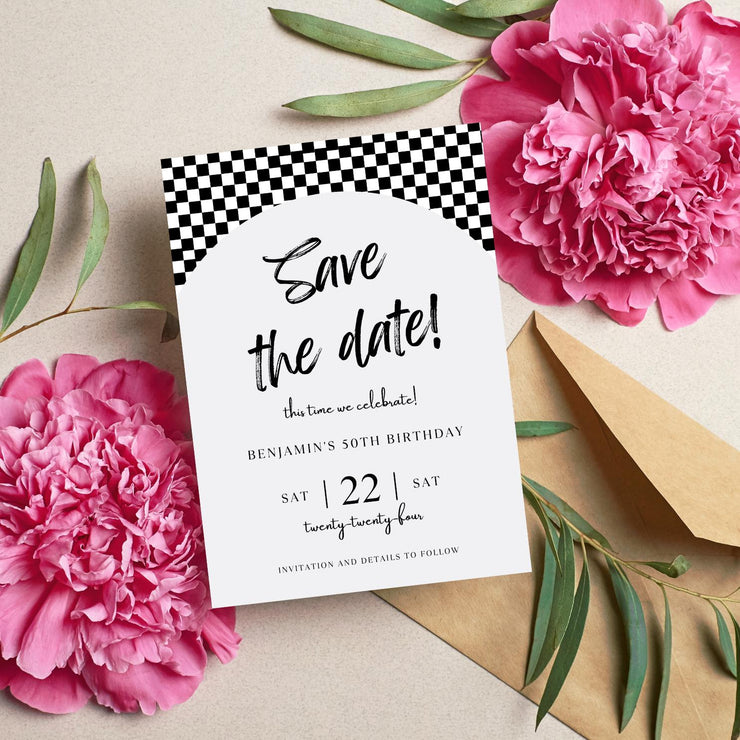 Racing-Themed Birthday Invitation | Editable Digital Invitation | Black and White Checkered Flag Design