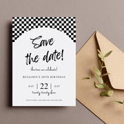 Racing-Themed Birthday Invitation | Editable Digital Invitation | Black and White Checkered Flag Design