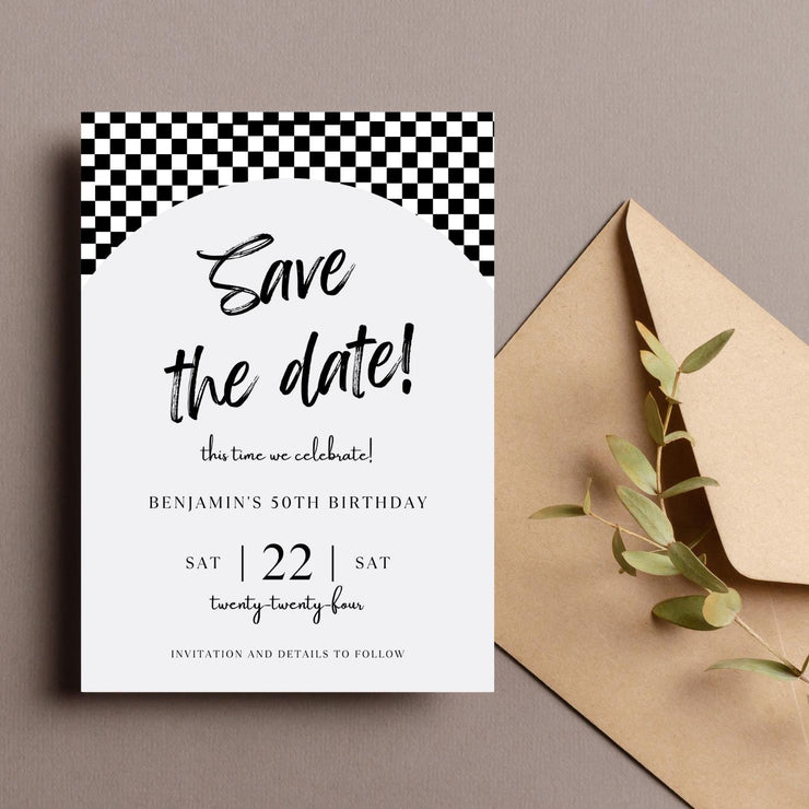 Racing-Themed Birthday Invitation | Editable Digital Invitation | Black and White Checkered Flag Design