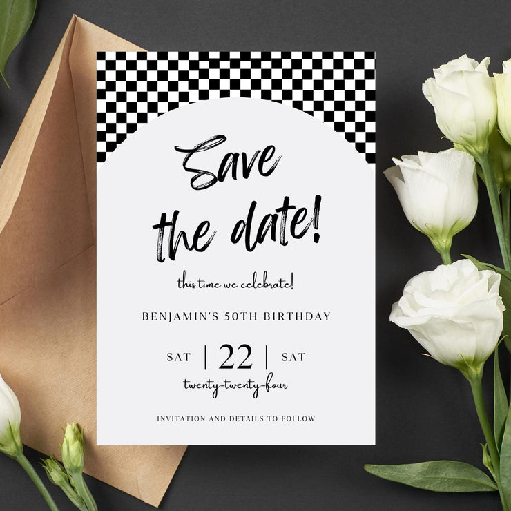 Racing-Themed Birthday Invitation | Editable Digital Invitation | Black and White Checkered Flag Design