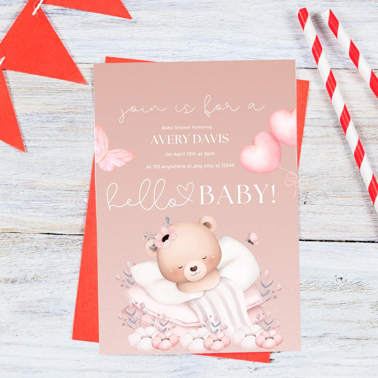 Customizable Baby Shower Invitation Template - Adorable Bear Design - Editable Canva party invite template