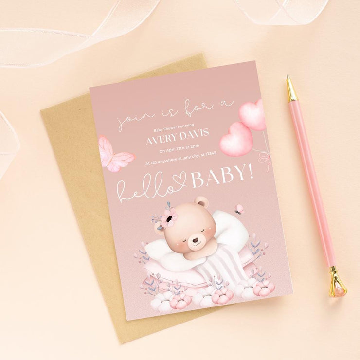 Customizable Baby Shower Invitation Template - Adorable Bear Design - Editable Canva party invite template