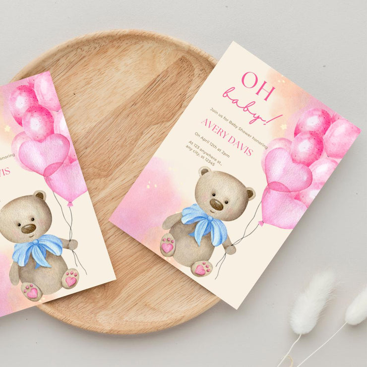 Pink Balloons & Teddy Bear Baby Shower Invitation | Editable Canva Template | Customizable Digital Invitation for Baby Girls