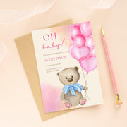 Pink Balloons & Teddy Bear Baby Shower Invitation | Editable Canva Template | Customizable Digital Invitation for Baby Girls