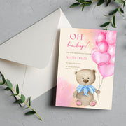 Pink Balloons & Teddy Bear Baby Shower Invitation | Editable Canva Template | Customizable Digital Invitation for Baby Girls