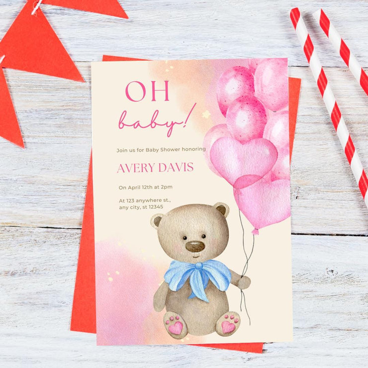 Pink Balloons & Teddy Bear Baby Shower Invitation | Editable Canva Template | Customizable Digital Invitation for Baby Girls