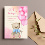 Pink Balloons & Teddy Bear Baby Shower Invitation | Editable Canva Template | Customizable Digital Invitation for Baby Girls