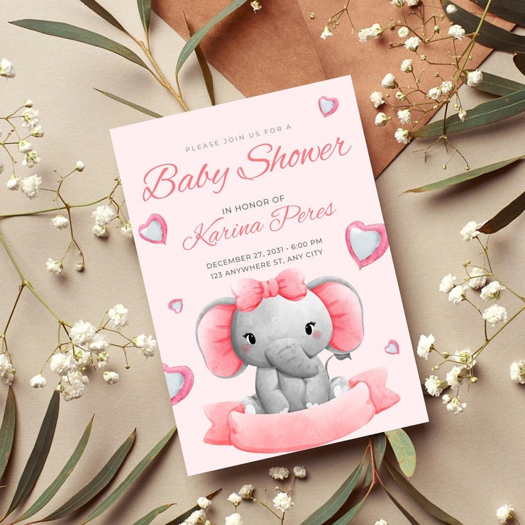 Adorable Elephant Baby Shower Invitation - Pink Customizable Canva Template- party invite