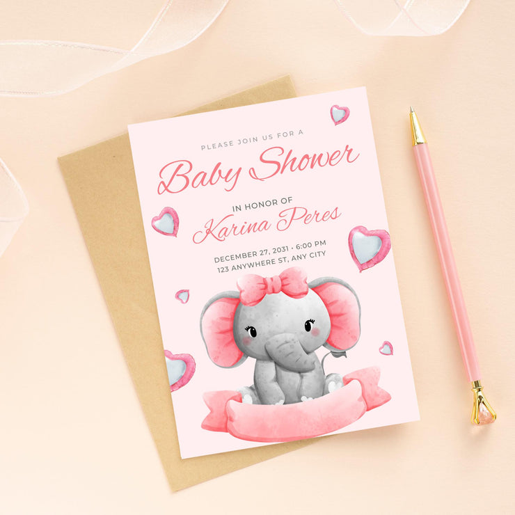 Adorable Elephant Baby Shower Invitation - Pink Customizable Canva Template- party invite