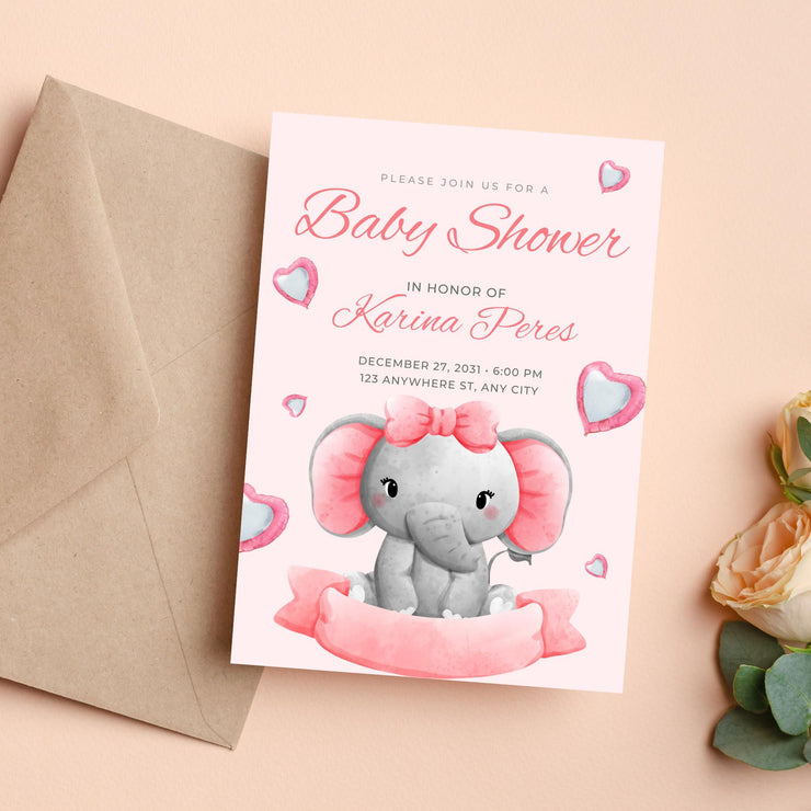 Adorable Elephant Baby Shower Invitation - Pink Customizable Canva Template- party invite