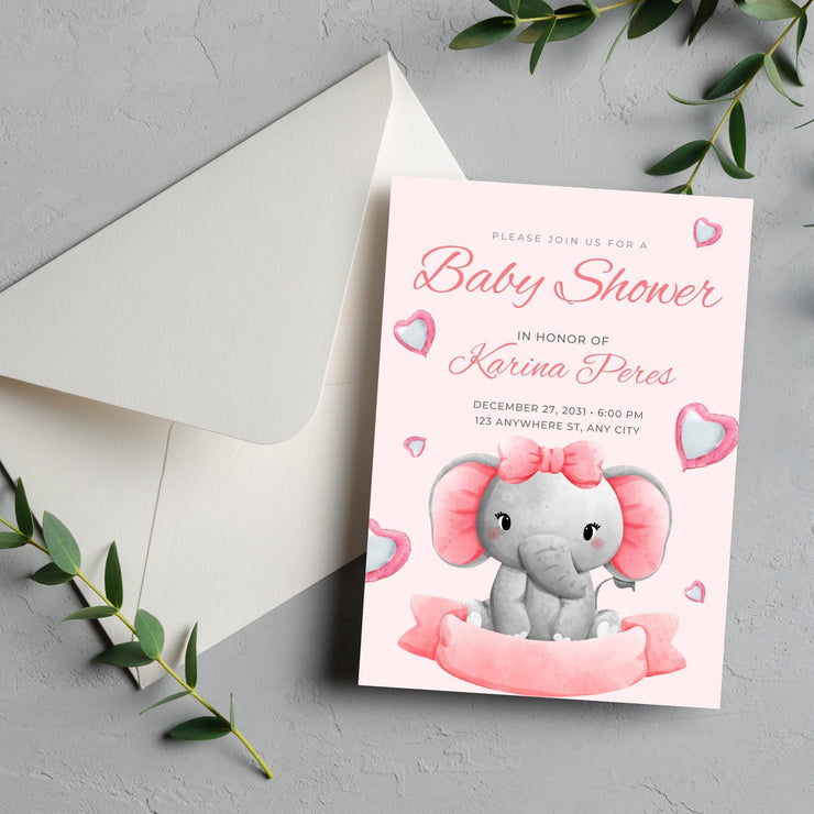 Adorable Elephant Baby Shower Invitation - Pink Customizable Canva Template- party invite