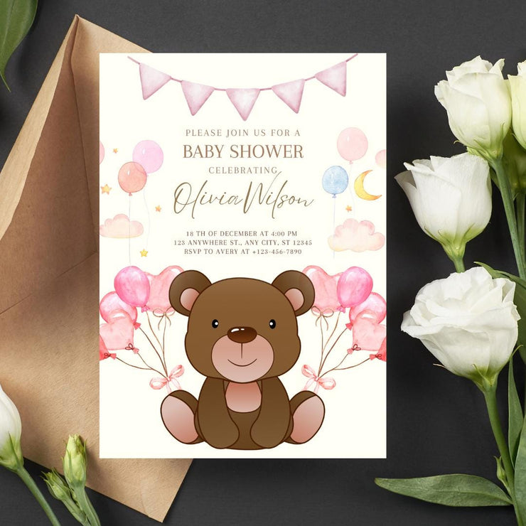 Teddy Bear Baby Shower Invitation - party Pink Balloon Theme - Digital Canva Template