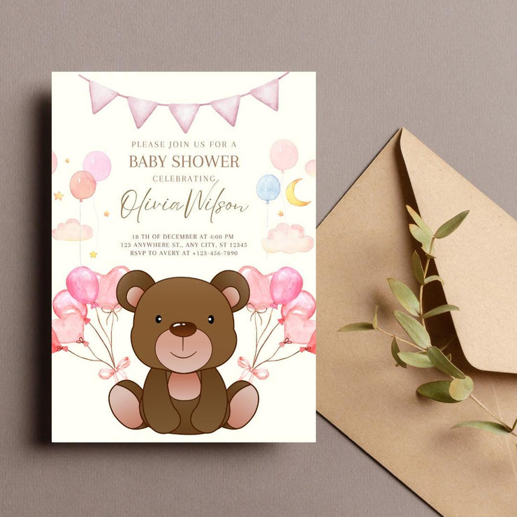 Teddy Bear Baby Shower Invitation - party Pink Balloon Theme - Digital Canva Template