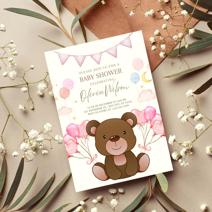 Teddy Bear Baby Shower Invitation - party Pink Balloon Theme - Digital Canva Template