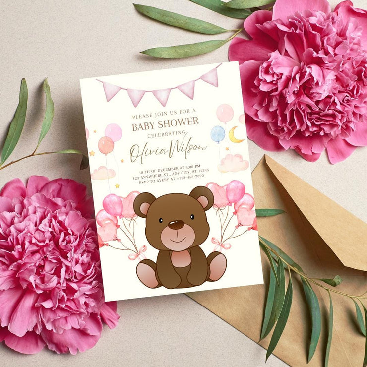 Teddy Bear Baby Shower Invitation - party Pink Balloon Theme - Digital Canva Template