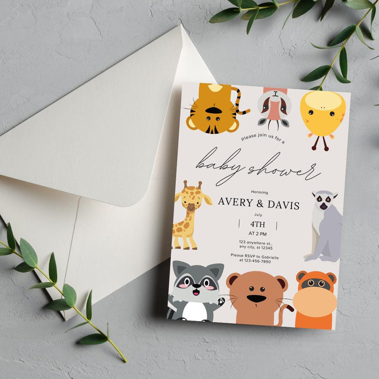 Editable Baby Shower Invitation with Cute Safari Animals | Customizable party Canva Template | Fun Jungle Theme