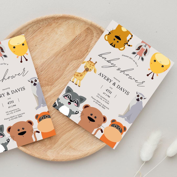 Editable Baby Shower Invitation with Cute Safari Animals | Customizable party Canva Template | Fun Jungle Theme