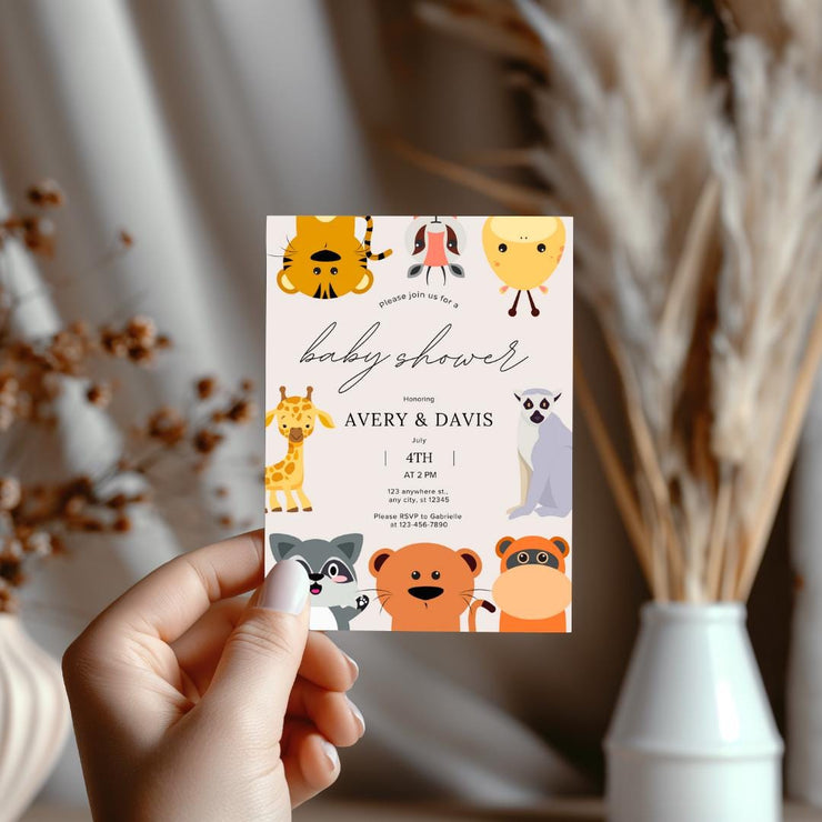 Editable Baby Shower Invitation with Cute Safari Animals | Customizable party Canva Template | Fun Jungle Theme