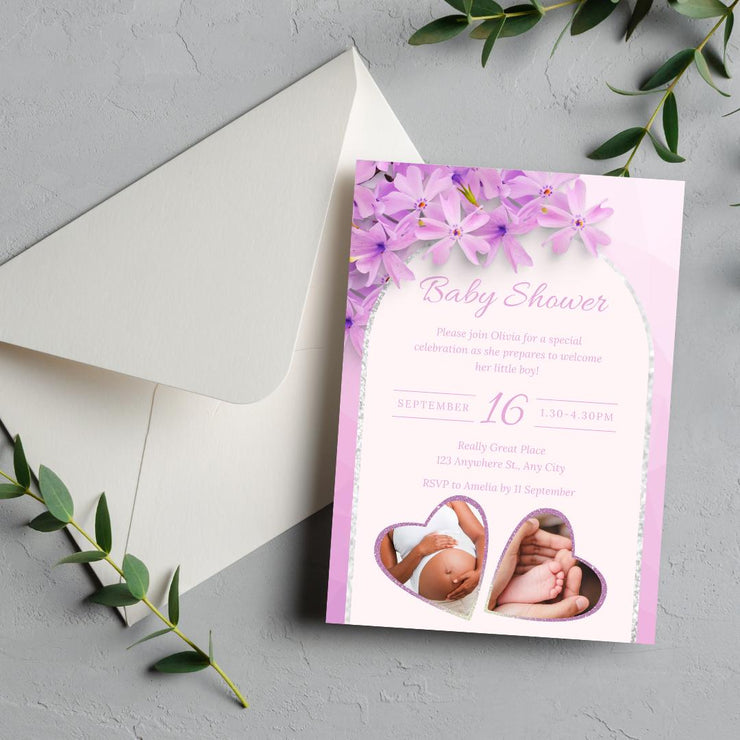 Customizable Purple Floral Baby Shower Invitation with Heart Frames | Editable Canva party Template