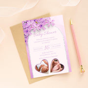 Customizable Purple Floral Baby Shower Invitation with Heart Frames | Editable Canva party Template