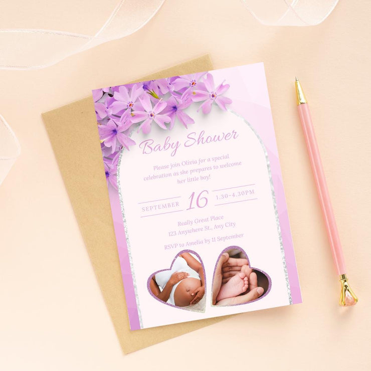 Customizable Purple Floral Baby Shower Invitation with Heart Frames | Editable Canva party Template