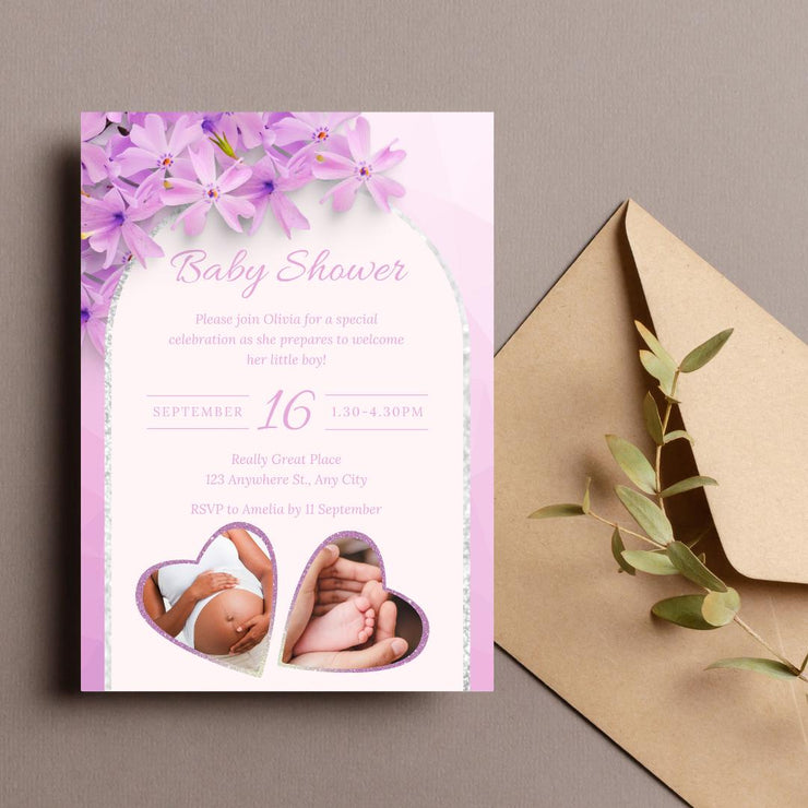 Customizable Purple Floral Baby Shower Invitation with Heart Frames | Editable Canva party Template