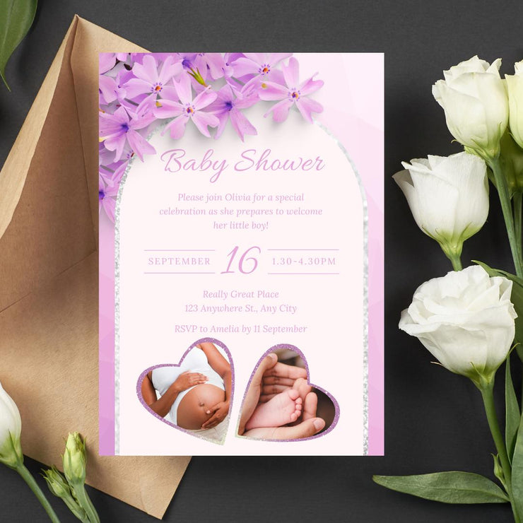 Customizable Purple Floral Baby Shower Invitation with Heart Frames | Editable Canva party Template