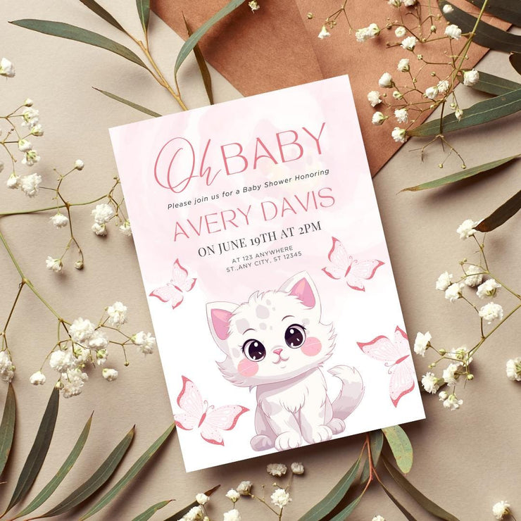 Adorable Kitten Baby Shower Invitation with Pink Butterflies | Editable Canva party Template