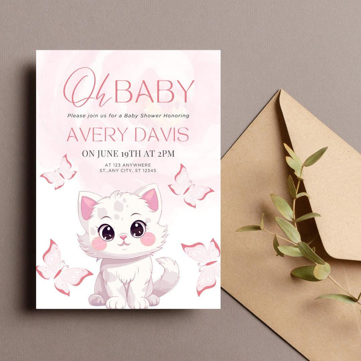 Adorable Kitten Baby Shower Invitation with Pink Butterflies | Editable Canva party Template