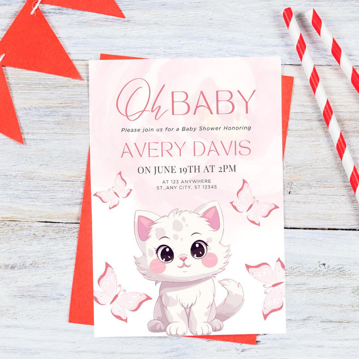 Adorable Kitten Baby Shower Invitation with Pink Butterflies | Editable Canva party Template