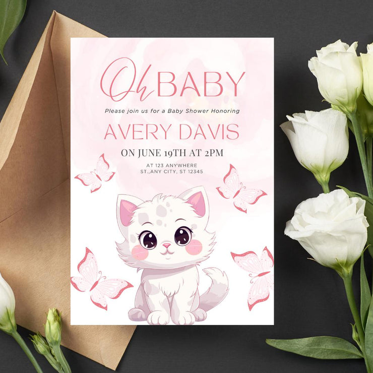 Adorable Kitten Baby Shower Invitation with Pink Butterflies | Editable Canva party Template