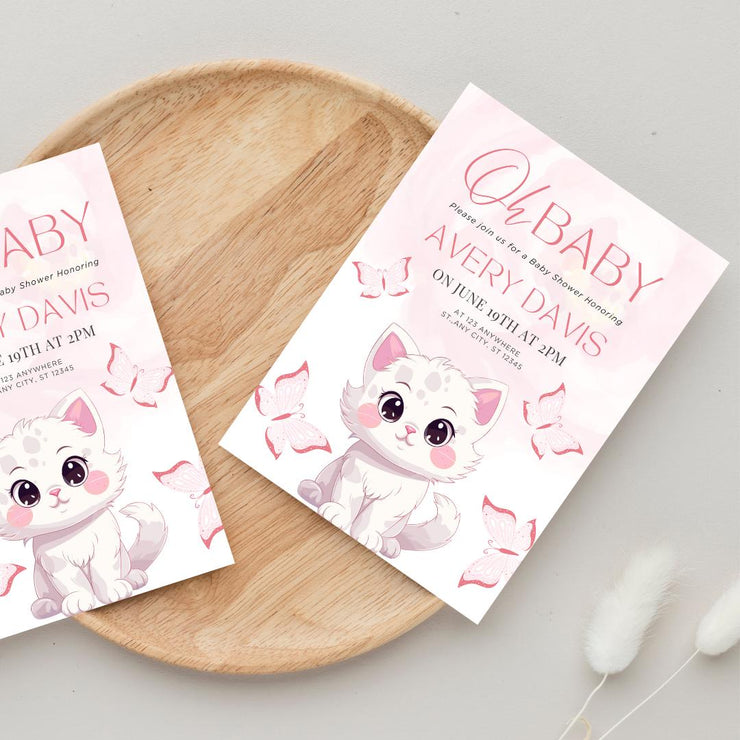 Adorable Kitten Baby Shower Invitation with Pink Butterflies | Editable Canva party Template