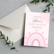 Pink Rainbow Baby Shower Invitation Template | Customizable Baby Shower Card with Hearts | Canva Editable templates