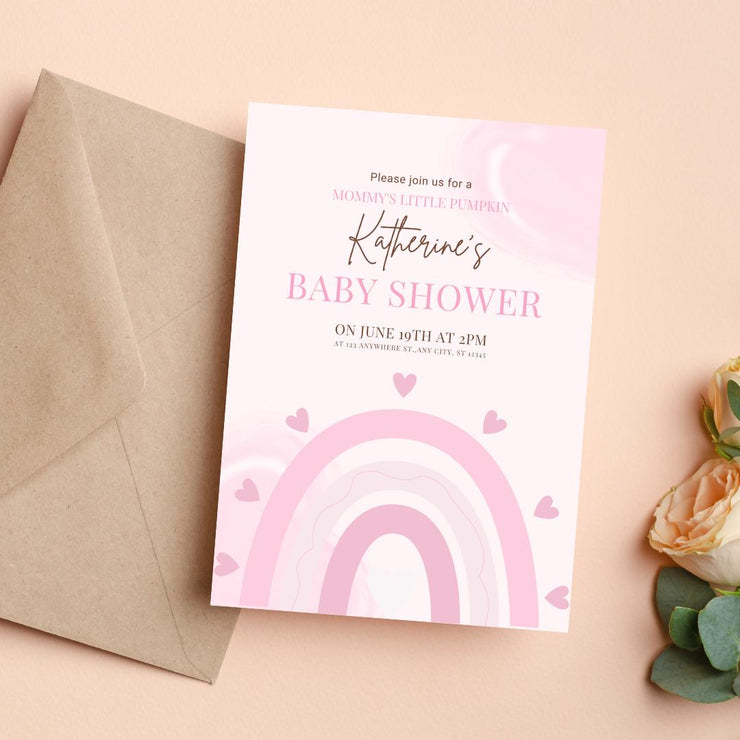 Pink Rainbow Baby Shower Invitation Template | Customizable Baby Shower Card with Hearts | Canva Editable templates