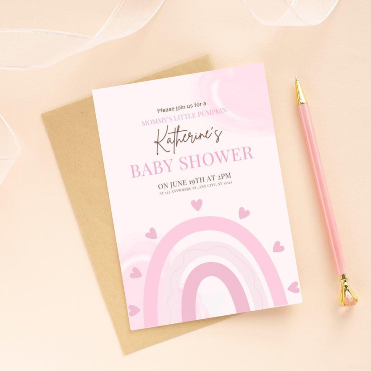 Pink Rainbow Baby Shower Invitation Template | Customizable Baby Shower Card with Hearts | Canva Editable templates