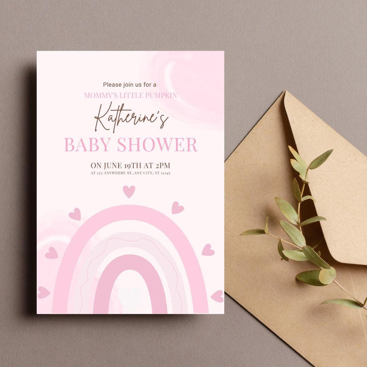 Pink Rainbow Baby Shower Invitation Template | Customizable Baby Shower Card with Hearts | Canva Editable templates