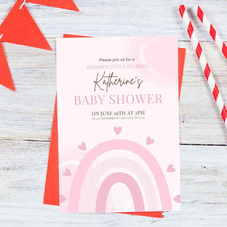 Pink Rainbow Baby Shower Invitation Template | Customizable Baby Shower Card with Hearts | Canva Editable templates