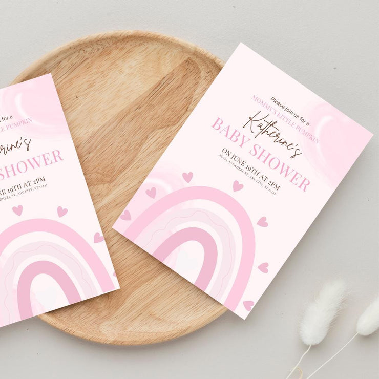 Pink Rainbow Baby Shower Invitation Template | Customizable Baby Shower Card with Hearts | Canva Editable templates