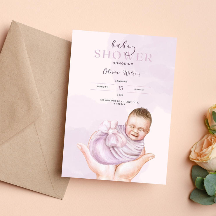 Soft Purple Newborn Baby Shower Invitation - Customizable Canva Design- Canva party invite template