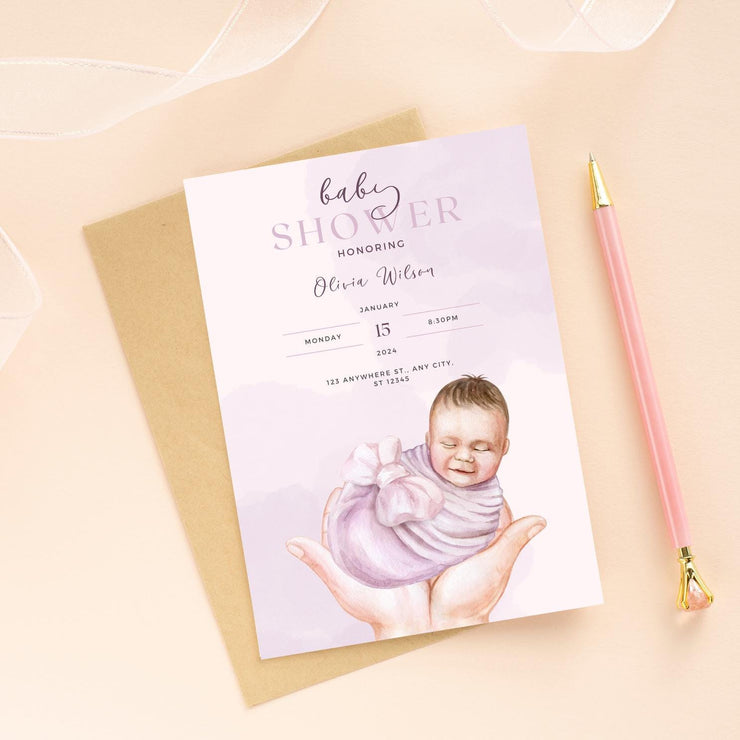 Soft Purple Newborn Baby Shower Invitation - Customizable Canva Design- Canva party invite template