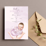 Soft Purple Newborn Baby Shower Invitation - Customizable Canva Design- Canva party invite template