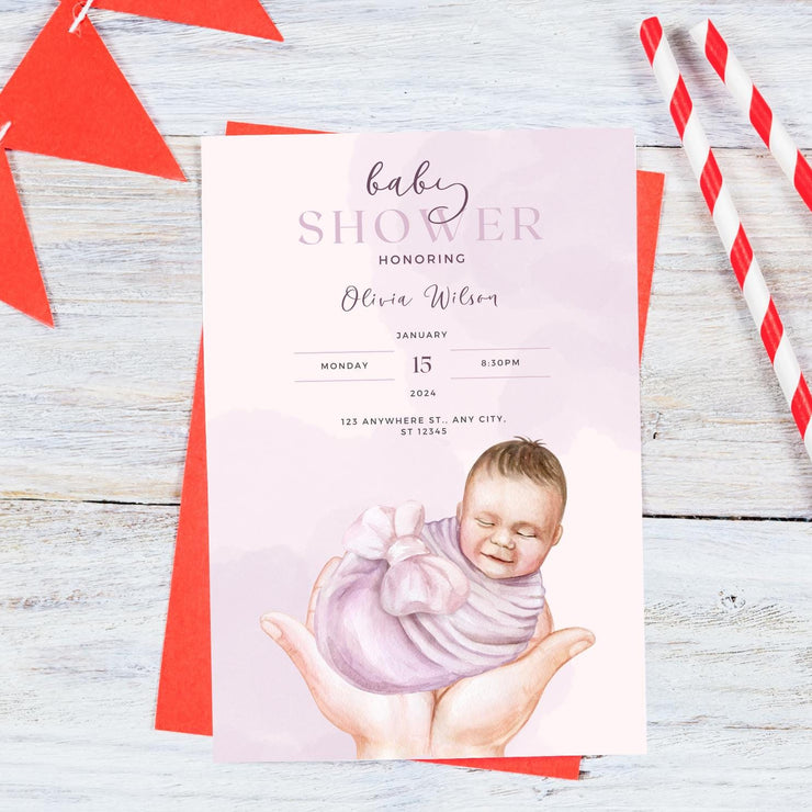 Soft Purple Newborn Baby Shower Invitation - Customizable Canva Design- Canva party invite template