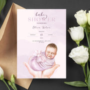 Soft Purple Newborn Baby Shower Invitation - Customizable Canva Design- Canva party invite template