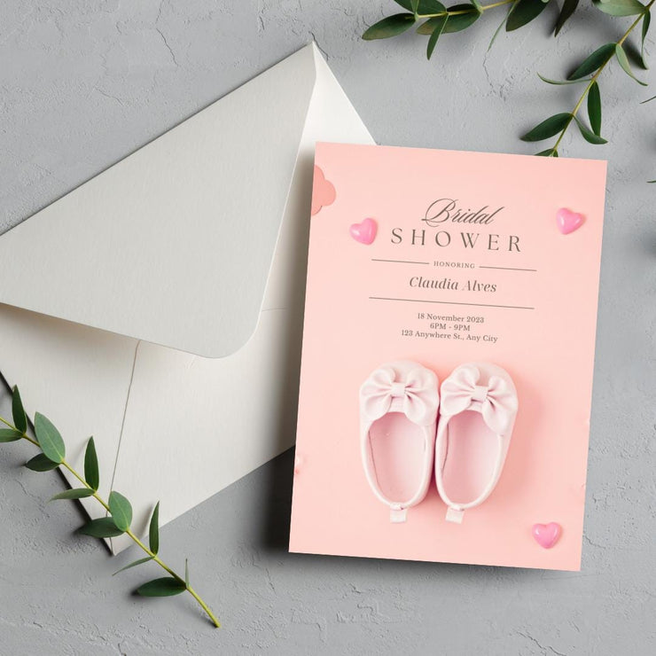 Pink Baby Shoes Baby Shower Invitation Template - Editable Canva Design with Hearts- gender reveal- pink pastel invite