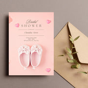 Pink Baby Shoes Baby Shower Invitation Template - Editable Canva Design with Hearts- gender reveal- pink pastel invite