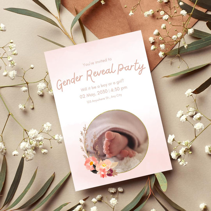 Gender Reveal Party Invitation Template | Editable Floral Baby Shower invite Card | Customizable Canva Design with Pink Accents