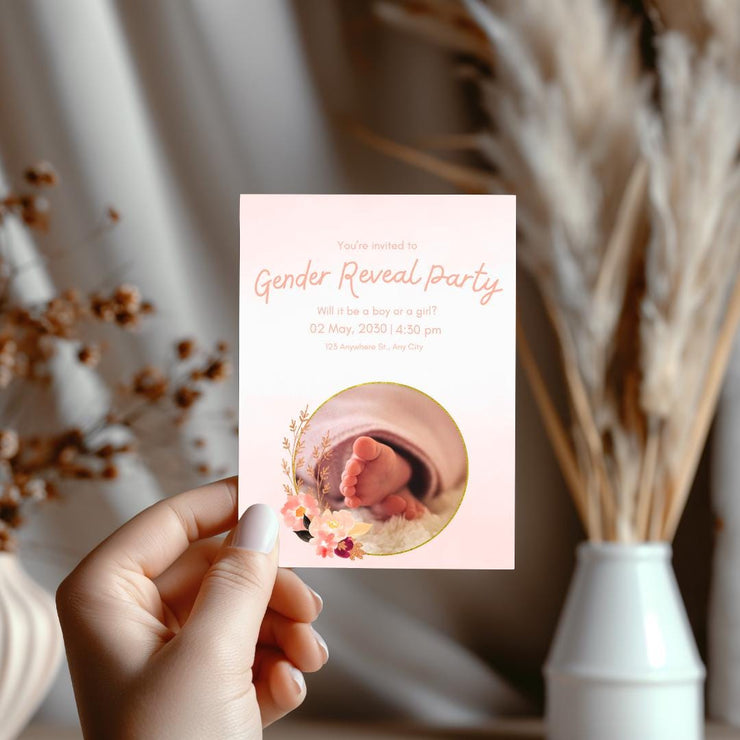 Gender Reveal Party Invitation Template | Editable Floral Baby Shower invite Card | Customizable Canva Design with Pink Accents