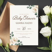 Baby shower Floral Baby Shower Invitation Template | Editable Beige Rose and Green Leaf Canva gender reveal invite Design